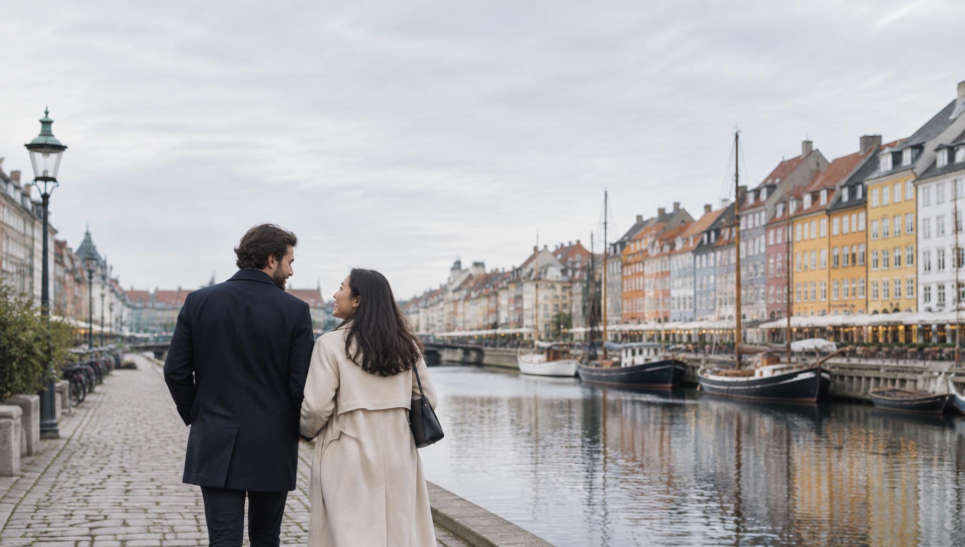 An international couple walking beside a Copenhagen canal on an overcast Nordic day